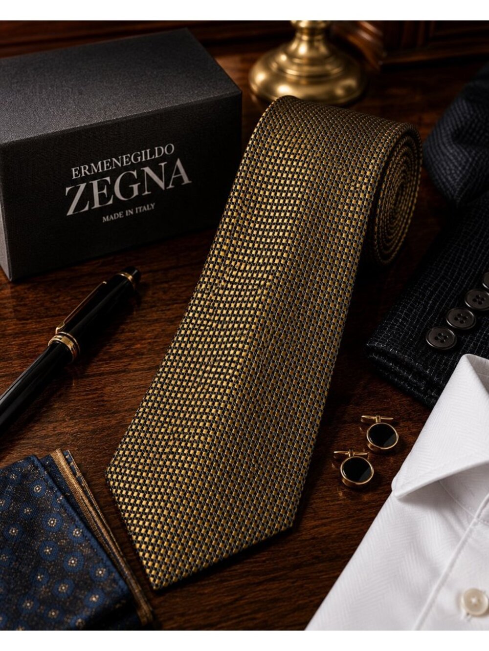 Ermenegildo Zegna Silk Tie Black Gold Geometric Woven Made in Italy 61”